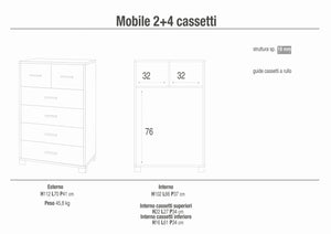 Cassettiera mobile con 4 cassetti grandi e 2 cassetti piccoli 70x41x112H cm in kit colore Ossido nero e Cemento
