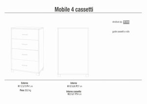 Cassettiera mobile con 4 cassetti 70x41x112H cm in kit di montaggio colore Noce Stelvio e Bianco fiammato