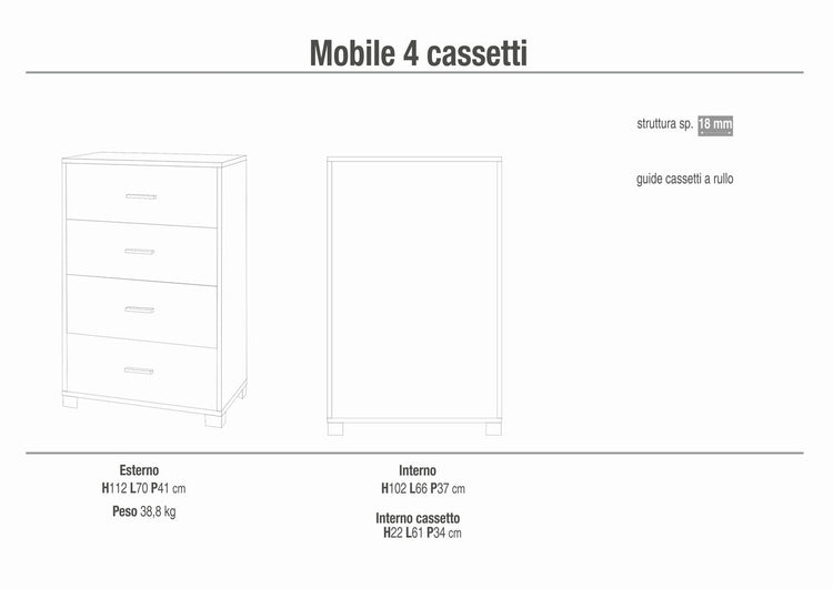 Cassettiera mobile con 4 cassetti 70x41x112H cm in kit di montaggio colore Ossido nero e Noce Stelvio