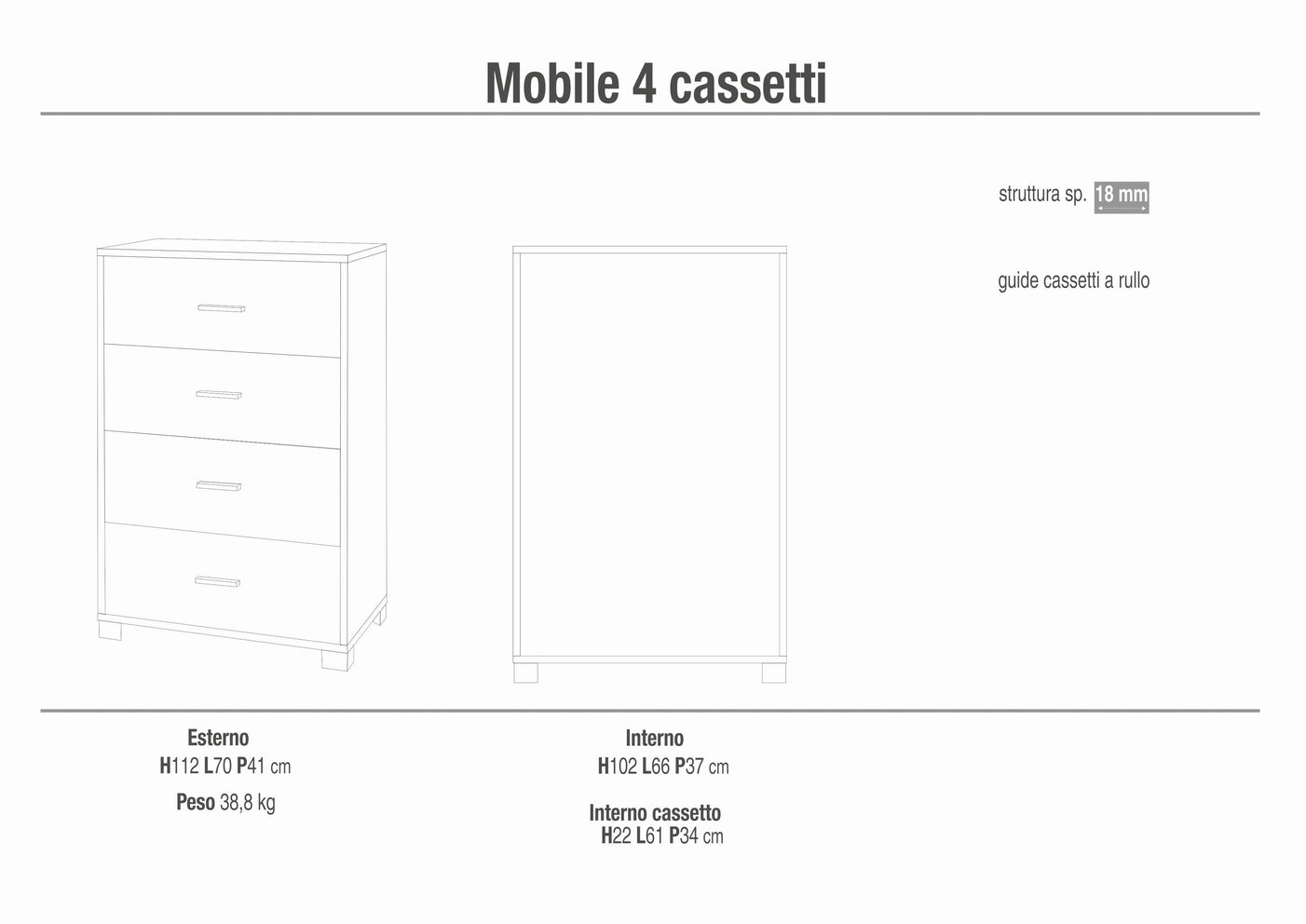 Cassettiera mobile con 4 cassetti 70x41x112H cm in kit di montaggio colore Cemento e Ossido bianco