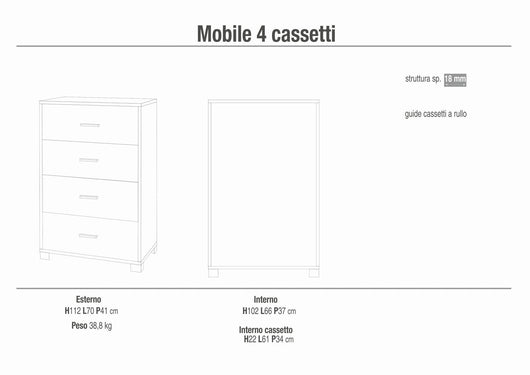 Cassettiera mobile con 4 cassetti 70x41x112H cm in kit di montaggio colore Cemento