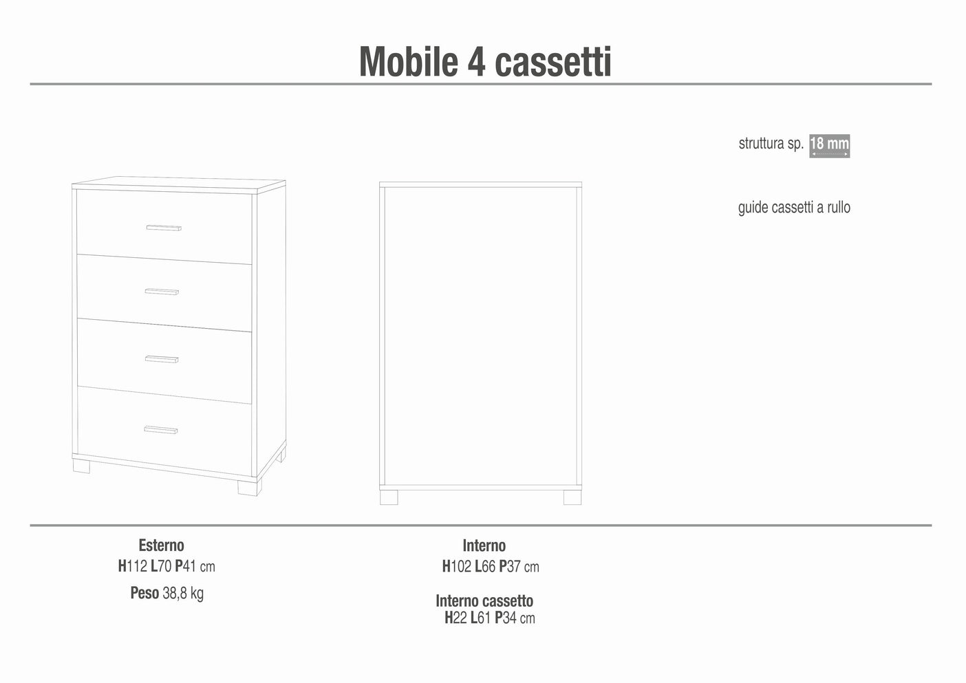 Cassettiera mobile con 4 cassetti 70x41x112H cm in kit di montaggio colore Noce Stelvio