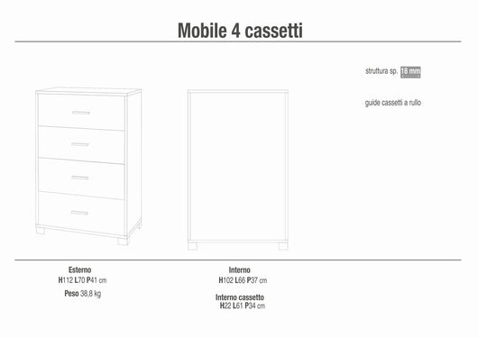 Cassettiera mobile con 4 cassetti 70x41x112H cm in kit di montaggio colore Bianco fiammato