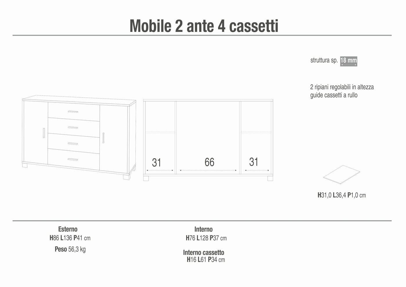 Credenza madia mobile con 2 ante e 4 cassetti 136x41x86H cm in kit di montaggio colore Bianco fiammato