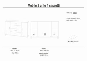 Credenza madia mobile con 2 ante e 4 cassetti 136x41x86H cm in kit di montaggio colore Bianco fiammato