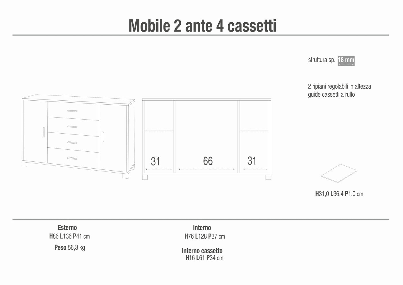 Credenza madia mobile con 2 ante e 4 cassetti 136x41x86H cm in kit di montaggio colore Olmo chiaro e bianco