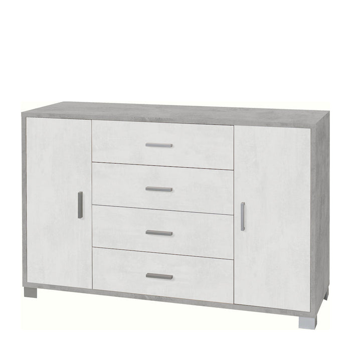 Credenza madia mobile con 2 ante e 4 cassetti 136x41x86H cm in kit di montaggio colore Cemento e bianco