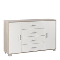 Credenza madia mobile con 2 ante e 4 cassetti 136x41x86H cm in kit di montaggio colore Olmo chiaro e bianco