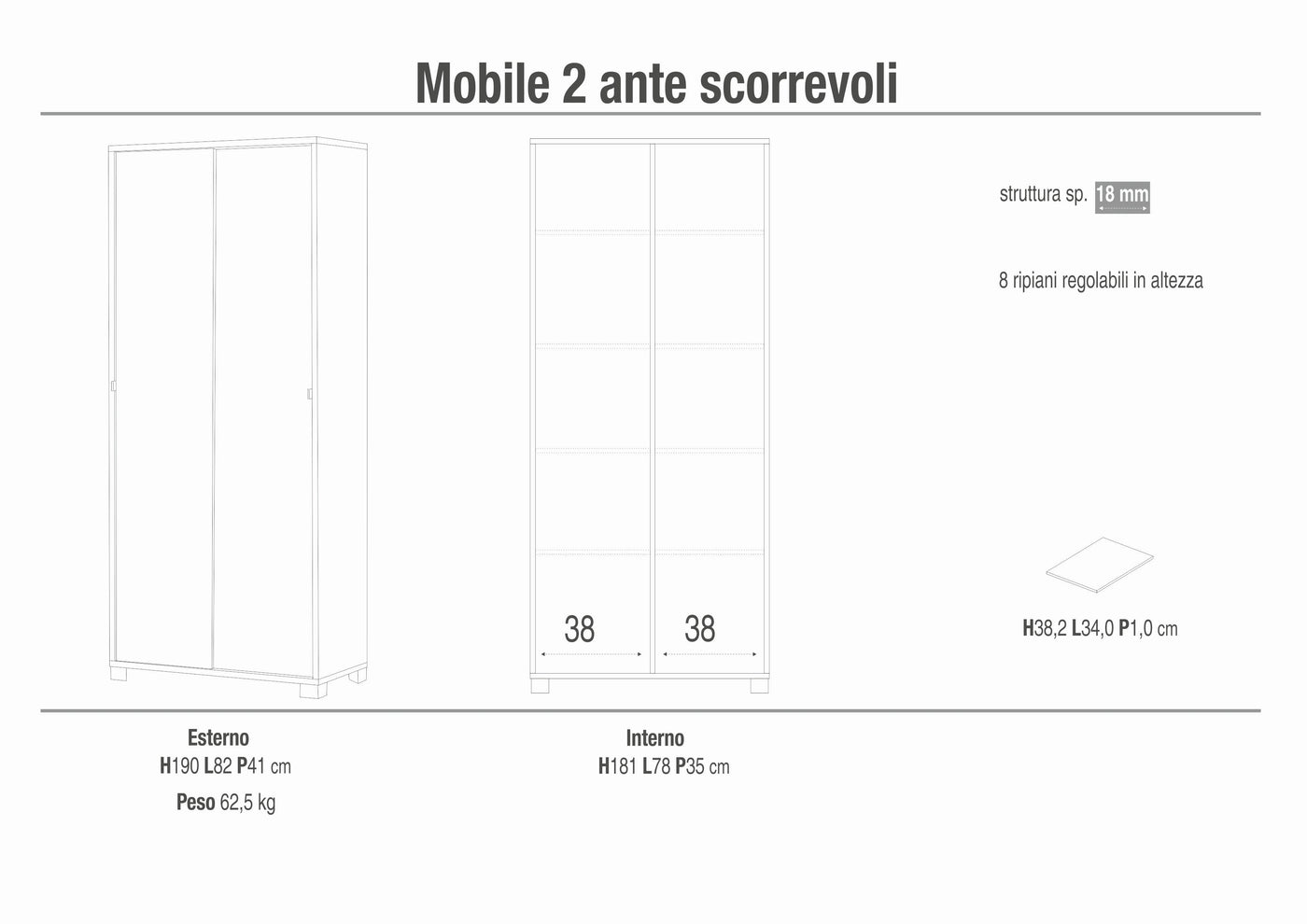 Armadio mobile con 2 ante scorrevoli 82x41x190H cm in kit di montaggio colore Bianco fiammato