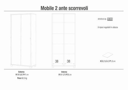 Armadio mobile con 2 ante scorrevoli 82x41x190H cm in kit di montaggio colore Bianco fiammato