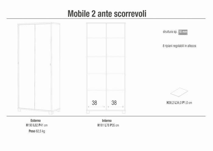 Armadio mobile con 2 ante scorrevoli 82x41x190H cm in kit di montaggio colore Cemento 