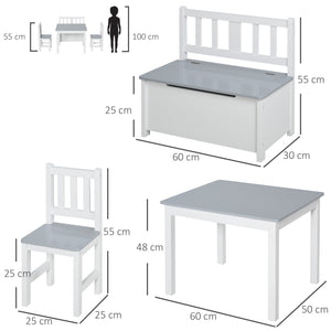 Set Tavolo per Bambini con 2 Sedie e Cassapanca in Legno per Cameretta Bianco e Grigio