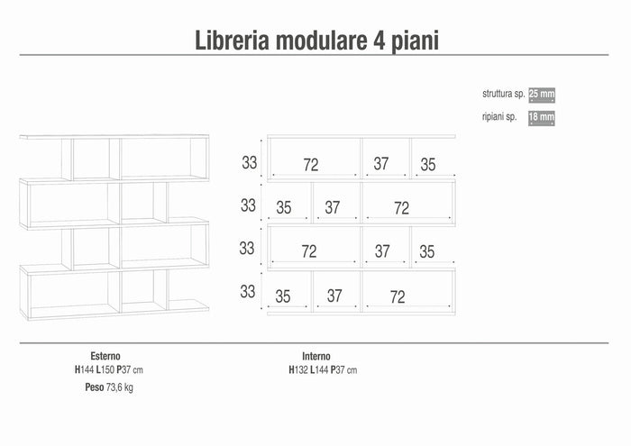 Libreria modulare 4 piani 150x37x144H cm in kit colore Cemento