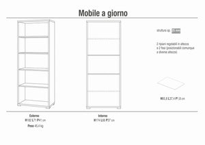 Libreria mobile a giorno 71x41x182H cm con 4 ripriani in kit di montaggio colore Ossido Bianco