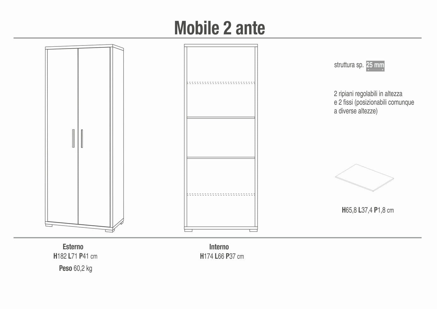 Armadio mobile 2 ante 71x41x182H cm in kit di design colore Ossido Bianco e Grigio Cemento