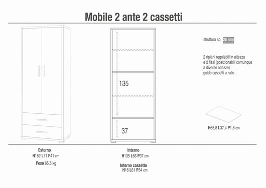 Armadio mobile 2 ante con 2 cassetti 71x41x182H cm in kit dal design elegante colore Grigio cemento e Ossido bianco