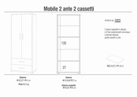 Armadio mobile 2 ante con 2 cassetti 71x41x182H cm in kit dal design elegante colore Cemento