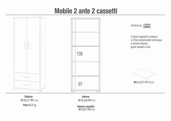 Armadio mobile 2 ante con 2 cassetti 71x41x182H cm in kit dal design elegante colore Cemento