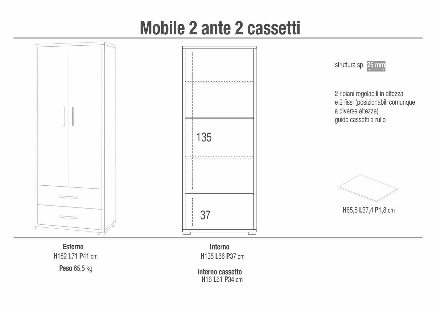 Armadio mobile 2 ante con 2 cassetti 71x41x182H cm in kit dal design elegante colore Ossido bianco e Noce Stelvio