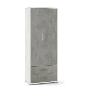 Armadio mobile 2 ante con 2 cassetti 71x41x182H cm in kit dal design elegante colore Grigio cemento e Ossido bianco