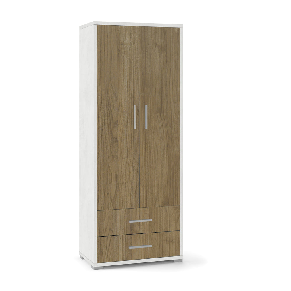 Armadio mobile 2 ante con 2 cassetti 71x41x182H cm in kit dal design elegante colore Ossido bianco e Noce Stelvio