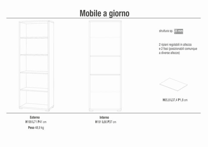 Libreria mobile a giorno 71x41x199h cm con 4 ripiani in kit colore Cemento 