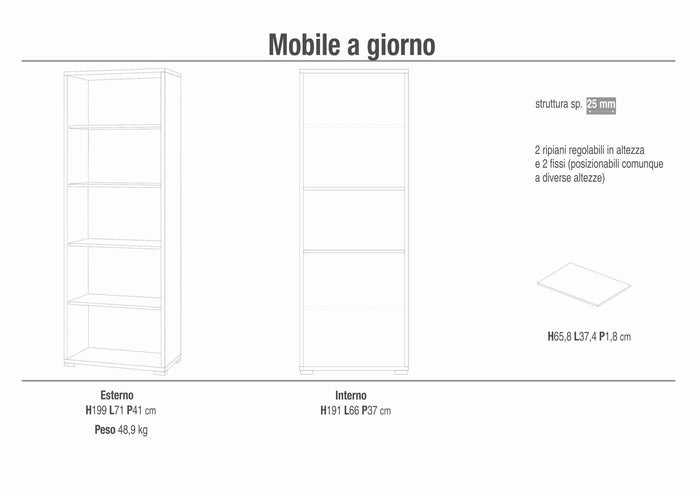 Libreria mobile a giorno 71x41x199h cm con 4 ripiani in kit colore Ossido Bianco