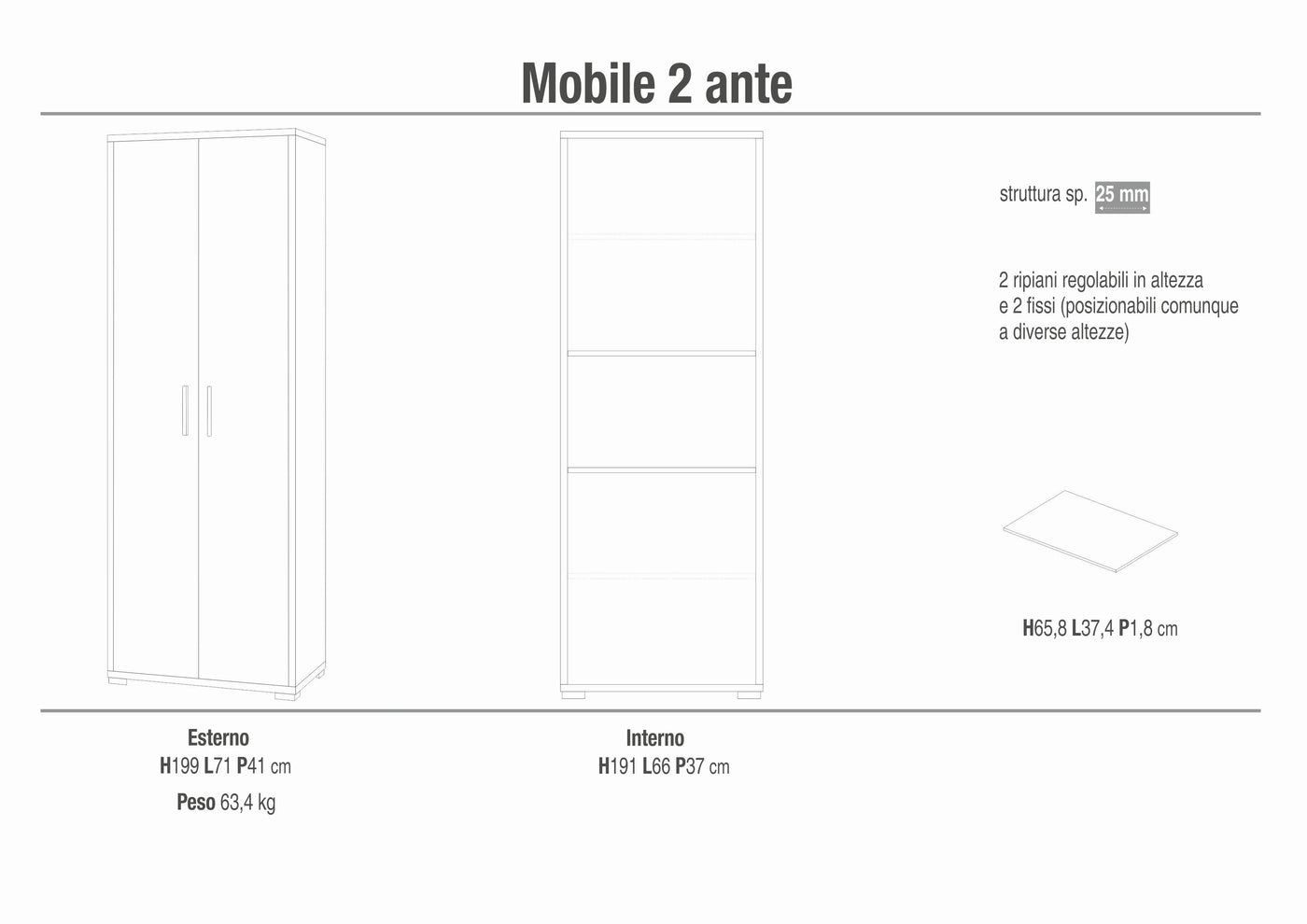 Armadio mobile 2 ante 71x41x199h cm in kit di montaggio colore Bianco