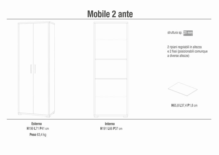 Armadio mobile 2 ante 71x41x199h cm in kit di montaggio colore Bianco