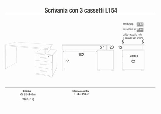 Scrivania con 3 cassetti 154x65x74H cm dal design moderno in kit di montaggio colore Noce Stelvio e Ossido Nero