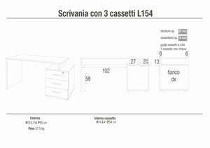 Scrivania con 3 cassetti 154x65x74H cm dal design moderno in kit di montaggio colore Ossido bianco e Cemento