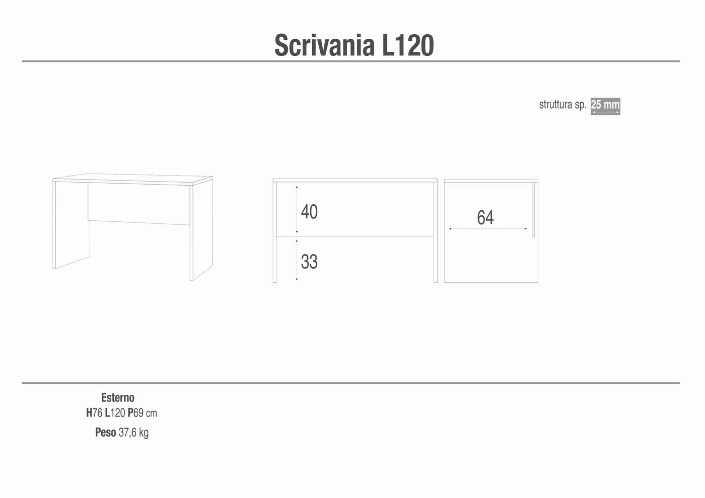 Scrivania dal design moderno 120x69x76H cm in kit di montaggio colore Ossido Bianco