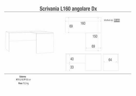 Scrivania con angolo destro 160x150x76H cm dal design moderno in kit di montaggio colore Cemento