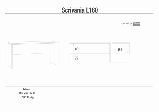 Scrivania dal design moderno 160x69x76H cm in kit di montaggio colore Cemento