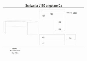 Scrivania con angolo destro 180x169x76H cm dal design moderno in kit di montaggio colore Cemento