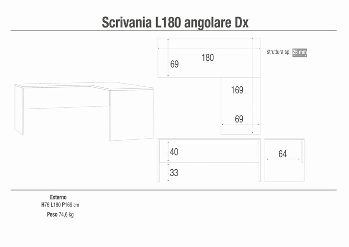 Scrivania con angolo destro 180x169x76H cm dal design moderno in kit di montaggio colore Cemento