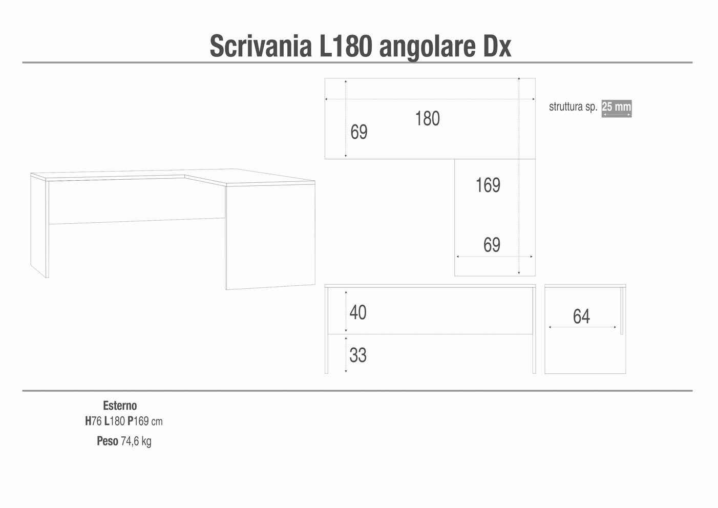 Scrivania con angolo destro 180x169x76H cm dal design moderno in kit di montaggio colore Ossido bianco