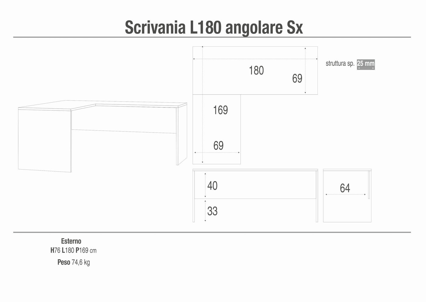 Scrivania con angolo sinistro 180x169x76H cm dal design moderno in kit di montaggio colore Cemento