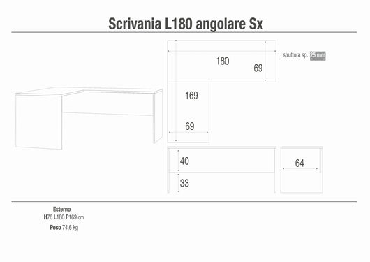 Scrivania con angolo sinistro 180x169x76H cm dal design moderno in kit di montaggio colore Cemento