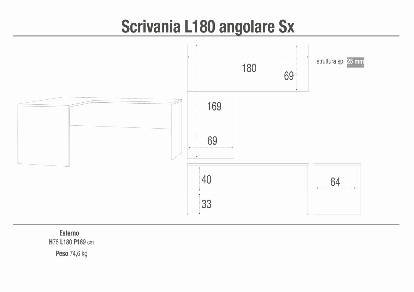 Scrivania con angolo sinistro 180x169x76H cm dal design moderno in kit di montaggio colore Ossido bianco