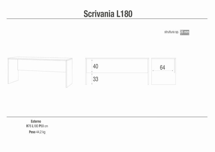 Scrivania dal design moderno 180x69x76H cm in kit di montaggio colore Cemento