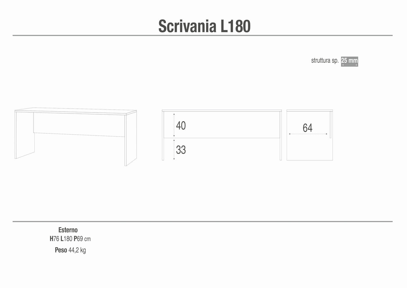 Scrivania dal design moderno 180x69x76H cm in kit di montaggio colore Ossido bianco