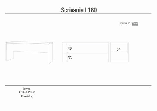 Scrivania dal design moderno 180x69x76H cm in kit di montaggio colore Ossido bianco