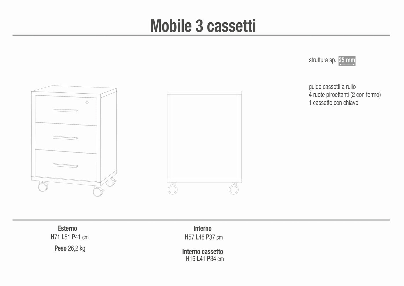 Cassettiera mobile 3 cassetti su ruote 51x41x71H cm in kit di montaggio colore Noce Stelvio e Nero Ossido