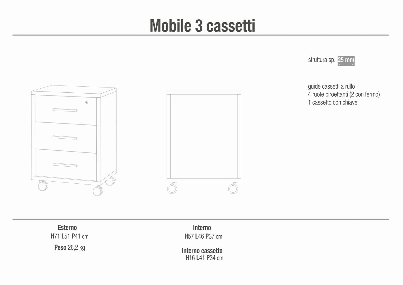 Cassettiera mobile 3 cassetti su ruote 51x41x71H cm in kit di montaggio colore Noce Stelvio e Bianco Ossido