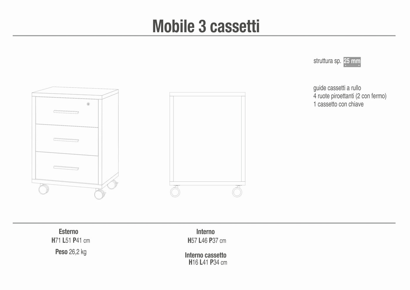 Cassettiera mobile 3 cassetti su ruote 51x41x71H cm in kit di montaggio colore Grigio cemento e Bianco Ossido