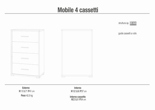 Cassettiera mobile 4 cassetti 71x41x110H cm in kit di montaggio colore Ossido bianco e Noce Stelvio