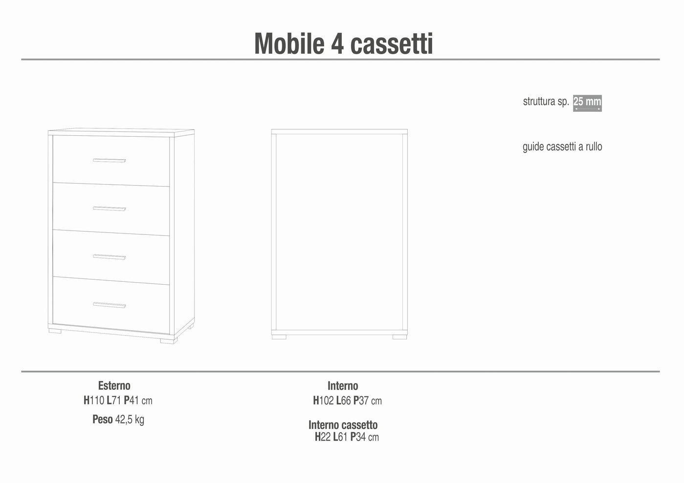Cassettiera mobile 4 cassetti 71x41x110H cm in kit di montaggio colore Ossido bianco e Ossido nero