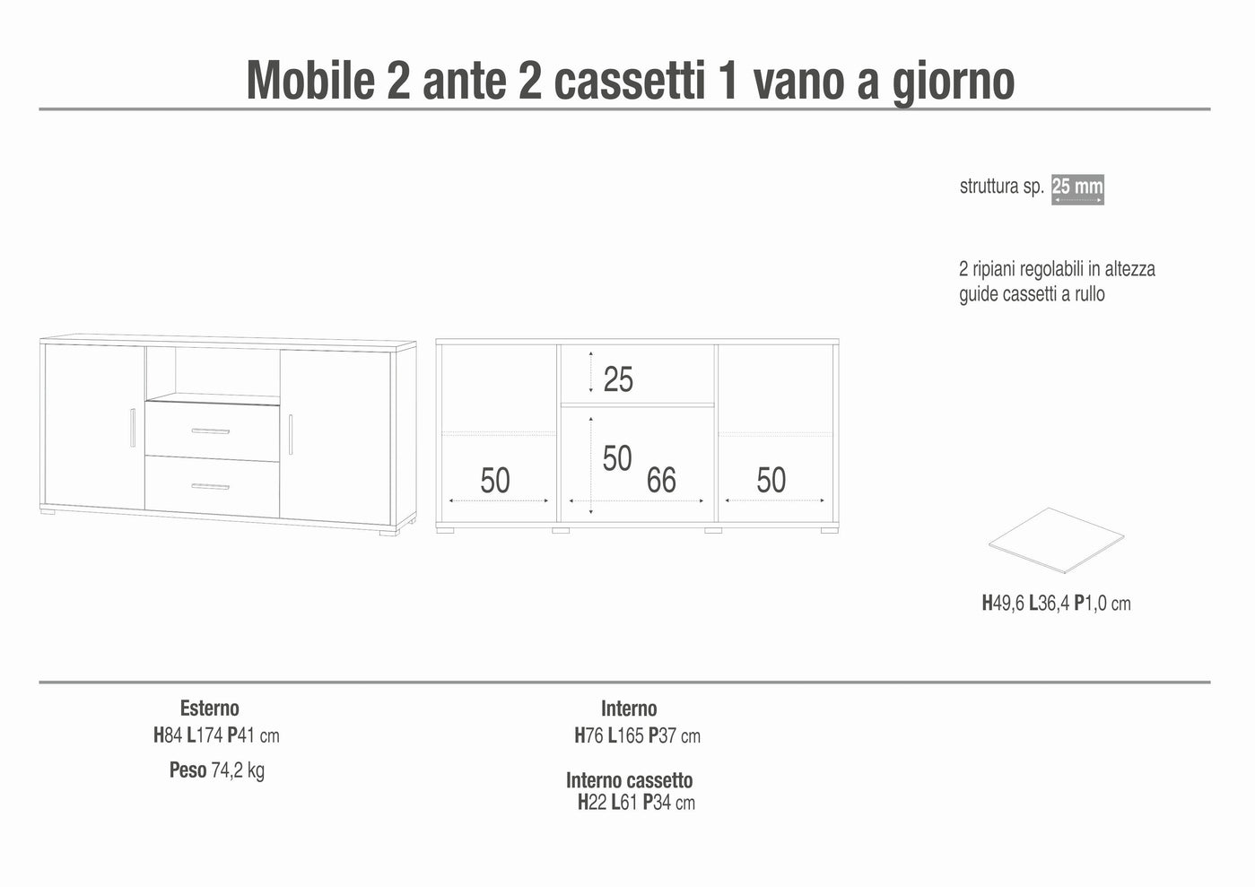 Madia Credenza Mobile 2 ante con 2 cassetti 174x41x84H design moderno in kit  colore Ossido bianco e Ossido nero