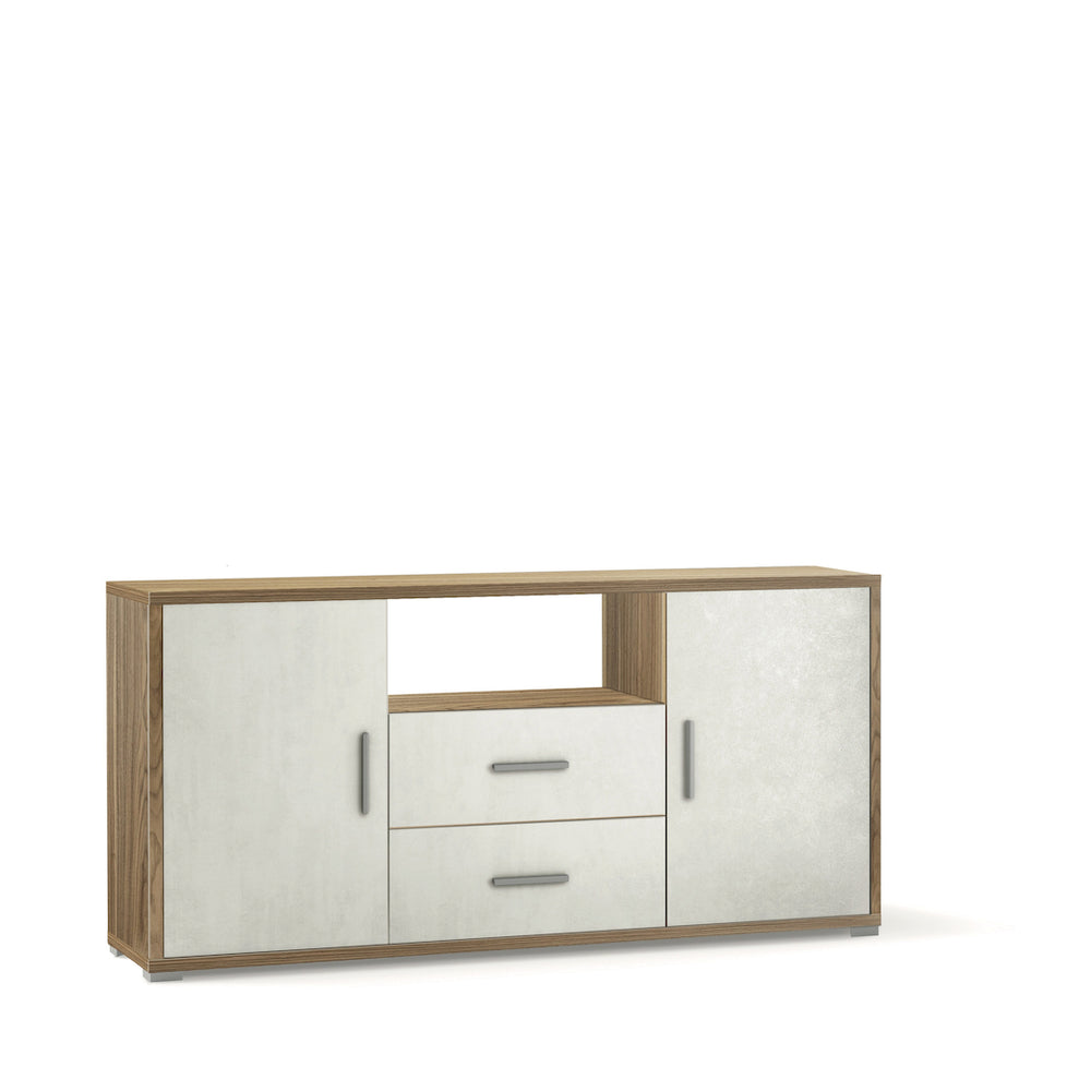 Madia Credenza Mobile 2 ante con 2 cassetti 174x41x84H design moderno in kit colore Noce Stelvio e Ossido bianco